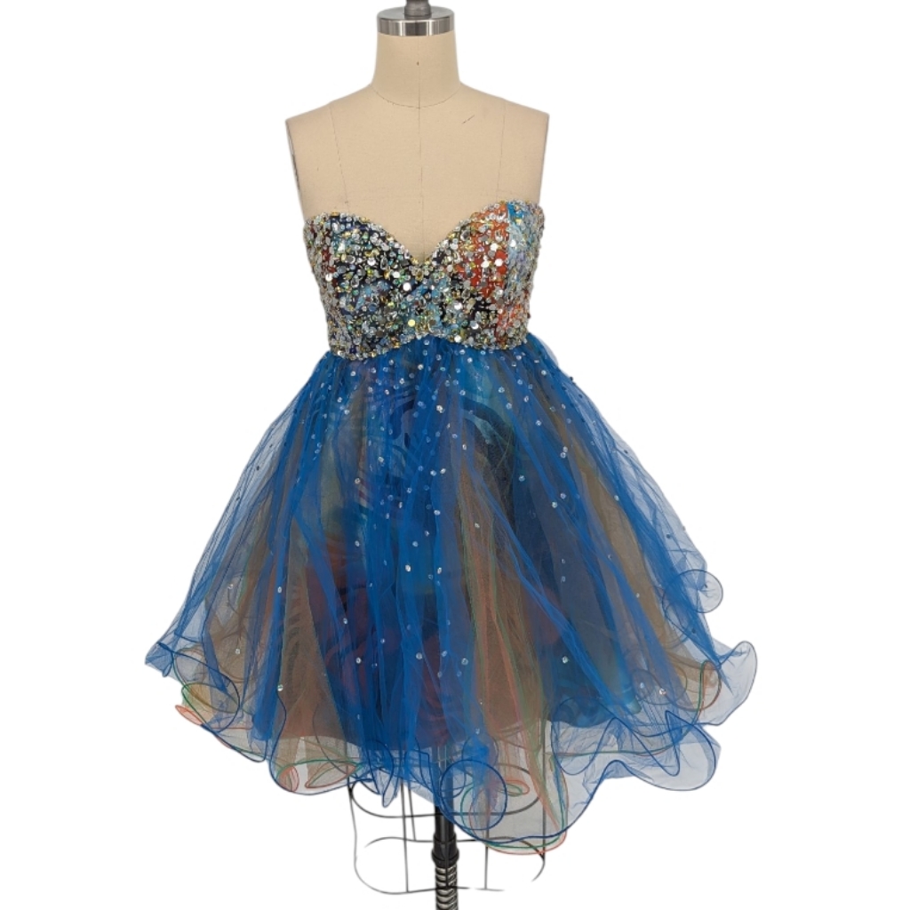 00064 Mori Lee Bejeweled Tulle Mini Dress Blue Size 7/8 Party Cocktail Holiday